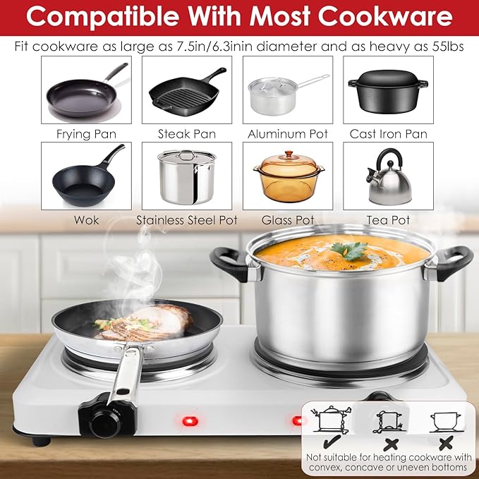 Electric Infrared Dual Burner, Portable Heating Hot Plate Stove Countertop RV Hotplate Glass Cooktop for Home RV Camp, Stepless Temperature Adjustments (Double)