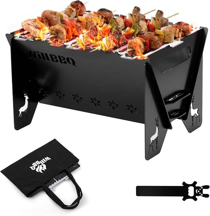 WILLBBQ Charcoal Grills Quality Portable Detachable Folding,Skewers Campfire Grill,Hibachi Backpacking BBQ Grill,Easy Portability For Outdoor Barbecues Camping Picnics Garden Party(11.8x8.5x7.5 inch)