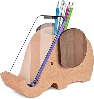 AhfuLife Wooden Elephant Cell Phone Holder/Stand with Pen&Pencil Holder/Pot, Desk Decoration Multi-functional Supplies Stationery Organizer, Christmas Gift Birthday Graduation Gift