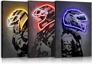 Sorventina Racing Superstar Wall Decor Canvas Prints- 3pcs Set Sports Painting Art Decor, Neon Racing Driver and Motorcycle Wall Art for Bedroom Living Room Home Decor, Wrap Framed(colorful, 16x24)