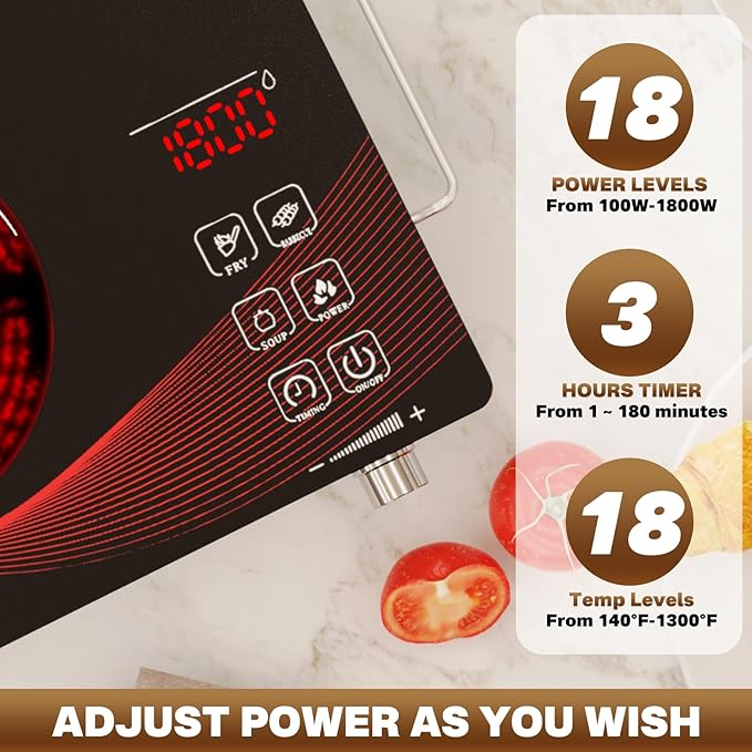 1800W Infrared Hot Plate, Portable Single Burner Electric Cooktop with Timer & Touch Control, 18 Heat Levels, Ceramic Cooktop for All Cookware