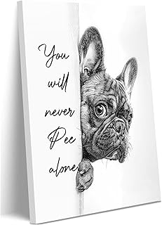 Ovczax Black And White Bathroom Canvas Wall Art, Funny Bathroom Sign Wall Decor & You Never Pee Alone, French Bulldog Creative Home Wall Decor 24" x 16"