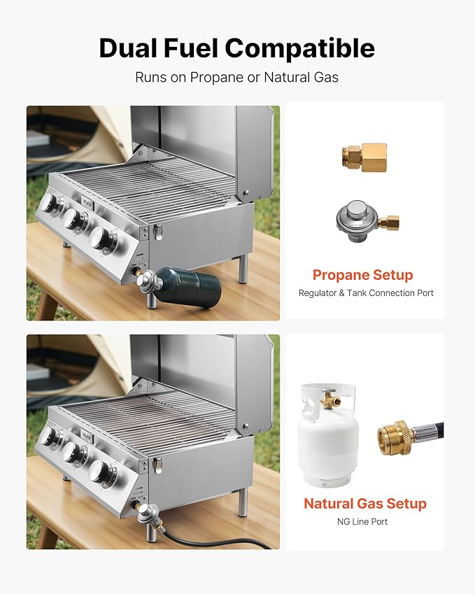 VEVOR Tabletop Gas Grill, 3-Burner Stainless Steel Portable Propane Grill, with Built-in Thermometer, Travel Locks, Weatherproof Lid, 22,500 BTU Total, for Outdoor Cooking, Patio, Party, Camping, RV