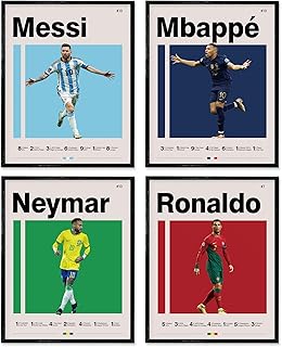 Soccer Posters 8x10 Inch Canvas Prints Unframed Set of 4 - Messi, Ronaldo, Mbape And Neymar Famous Football Superstar Poster Sports Decor for Boys Bedroom Wall Art