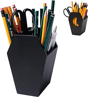 IRISVITA Small Coffin Pen Holder for Desk (Redesigned), Spooky Makeup Brush Holder, Gothic Decor for Home, Black Pencil Holder for Desk, Goth Room Decor, Mini Goth Vanity Organizer