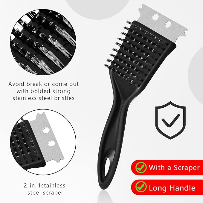 Chengu 2 Pcs 8 Inch BBQ Grill Brush for Outdoor Grill and Scraper Stainless Steel Wire Extra Strong Cleaner Heavy Duty Barbecue Cleaning Brush Cleaner