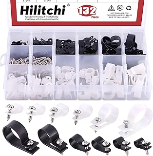 Hilitchi 132 Pcs 6 Sizes Black and White Plastic Cable Clamp R Type Screw Mounting Cord Fastener Cable Clips Assortment Kit with Screws for Wire Management Cable Conduit (Clips from 6mm to 23mm)