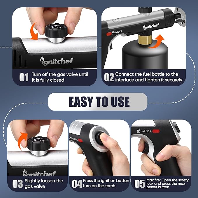 Propane Torch Gun with One-Touch Max Fire, Kitchen Blow Torch with a Safety Lock for Sous Vide Searing Steak, Grill, Charcoal Starter, Campfire (Propane Tank Not Included)