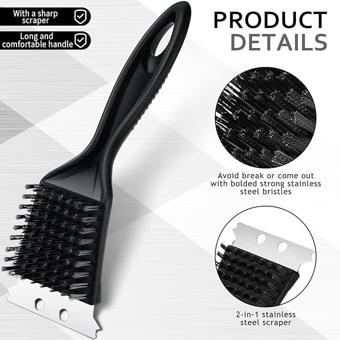 Sliner 6 Pcs 8 Inch Grill Brush with Scrap Black Scrubbing Stainless Steel Wire Grill Cleaner Brush BBQ Accessories for Indoor Outdoor Grate Remove Grease Burnt Food