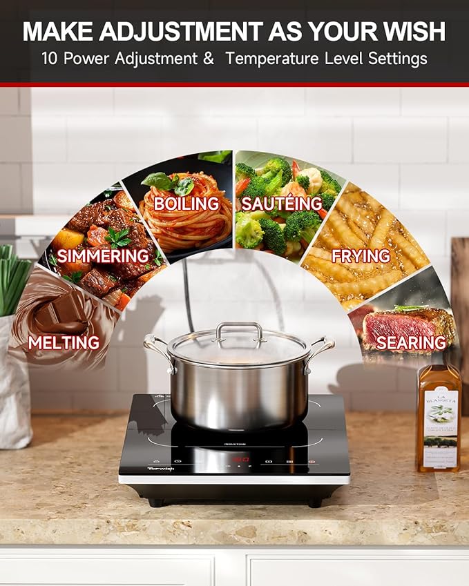 TOPWISH Portable Induction Cooktop, Hot Plate Countertop Burner with 10 Temp Levels, Timer, Auto-Shut-Off, Touch Panel, LED Display, Auto Pot Detection, Child Safety Lock