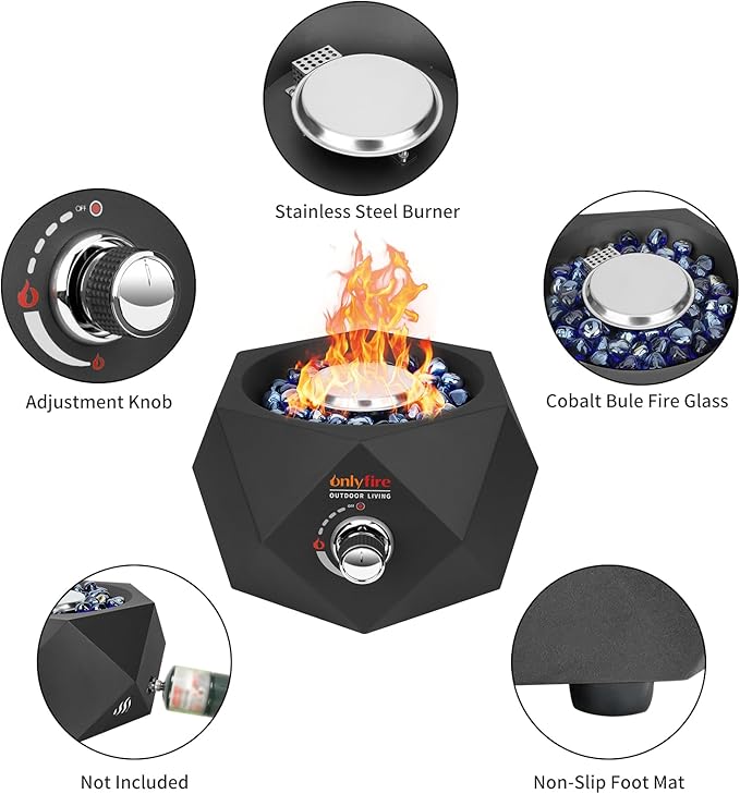 ONLYFIRE OUTDOOR LIVING 14” Modern Tabletop Gas Fire Pit, Portable Firepit Works with 1lb Propane Gas for Patio Backyard Porch Camping RV Tailgating, Side-Mounted, FP004