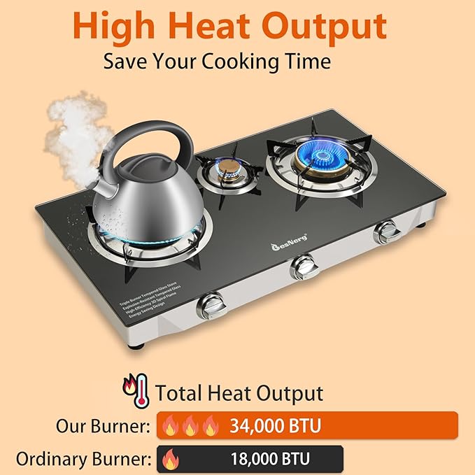 Propane Stove 3 Burner Gas Stove, 34000 BTU High-Efficiency Auto Ignition Tempered Glass LPG Cooktop with CSA Regulator and Hose – for Outdoor Camping, RV, and Emergency Cooking