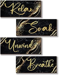 ONIZHITY 4 Pcs Black and Gold Bathroom Decor Black Gold Wall Decor Relax Soak Unwind Breathe Wooden Rustic Marble Style Bathroom Accessories for Bedroom Living Room Decor Kitchen(10X4)