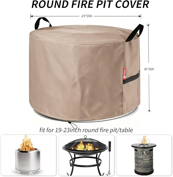 [2026 Upgraded]SheeChung Fire Pit Cover Round for Solo Stove Bonfire 19.5",Heavy Duty 600D Waterproof Firepit Cover 23"D x 16"H,Fit for 19"-23"Smokeless Fire Bowl/Table,Outdoor Covers with Drawstring