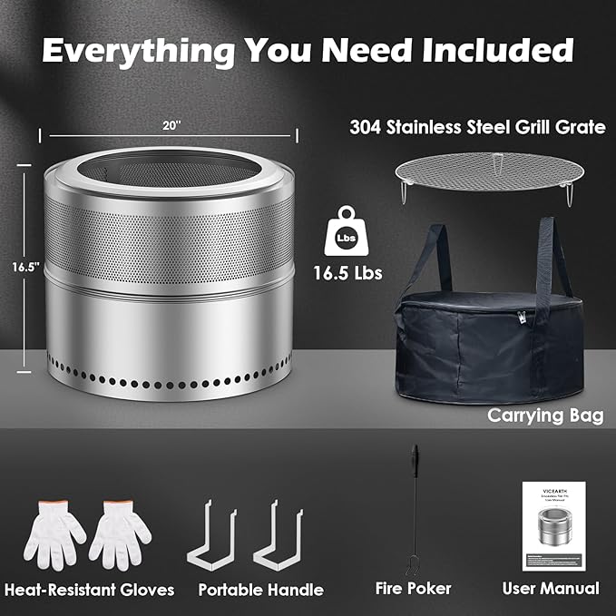 Smokeless Fire Pit with Grill Grate 20 Inch, Portable Stainless Steel Smokeless Firepit, Wood Burning Low Smoke Camping Fire Pit with Ash Pan & Carrying Bag, 360° Airflow, 16.5 lbs for RV & Patio