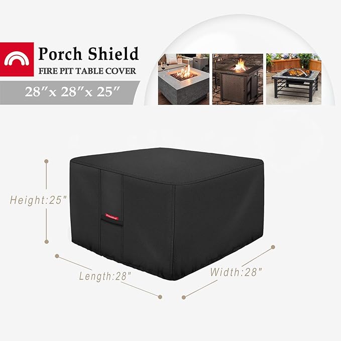 Porch Shield Fire Pit Cover - Waterproof 600D Heavy Duty Fade Resistant Square Patio Fire Pit Table Cover Black - 28 x 28 inch