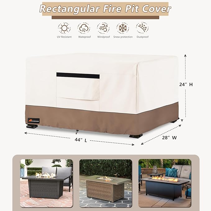 Fire Pit Cover Rectangular, Outdoor Heavy Duty 600D 100% Waterproof Tear-Resistant 44 Inch Fire Table Cover Rectangle, Patio Gas Fire Pit Table Covers, Beige 44" L x 28" W x 24" H