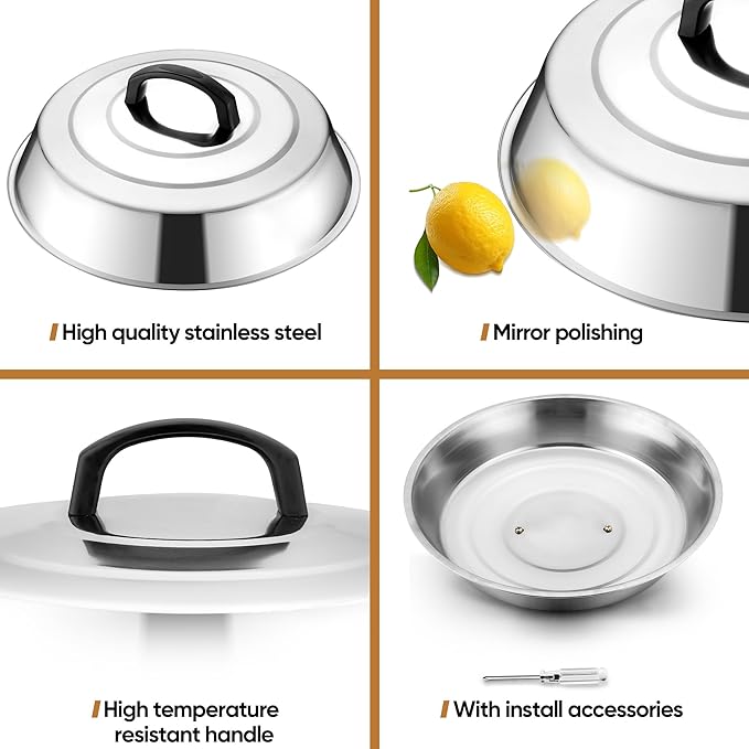 HaWare 12.6 Inch Cheese Melting Dome Wok Lids, Round Stainless Steel Basting Cover Lids with Heat Resistant Handle, for Flat Top Griddle Grill Cooking Indoor or Outdoor, Camp BBQ Accessories, 3 Domes