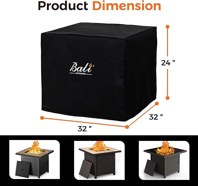 BALI OUTDOORS 32 Inch Square Patio Fire Pit Table Cover, Heavy Duty, Waterproof and Weather Resistant Oxford Fabric Cover, Black