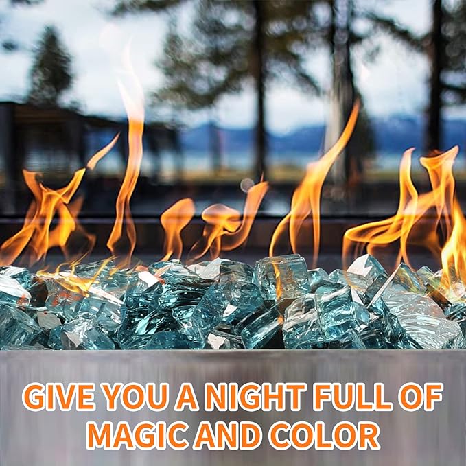10 lbs Fire Glass, 1/2 Inch Aqua Blue Reflective Fire Glass for Propane Fire Pit, Fire Pit Glass Rocks Safe for Fireplace, Table and Landscaping