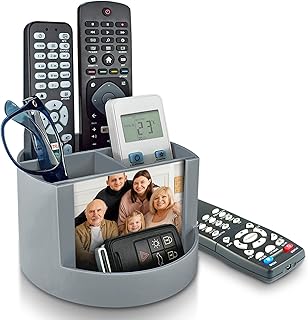 Acrimet Compact Desktop Organizer, 4 Spacious Slots, Round Pencil and Accessories Holder with Photo Slot, Ideal for Office, Art Supplies, Vanity Storage, and Home Organization (Silver Plastic)