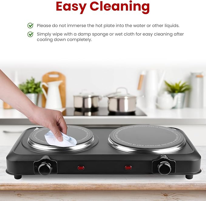 Infrared Double Burner, 2000W Electric Hot Plate, Portable Heating Cooking Stove, Countertop Burner with 7.5” & 6.3” Glass Plate Electric Cooktop with Stepless Temperature Adjustments