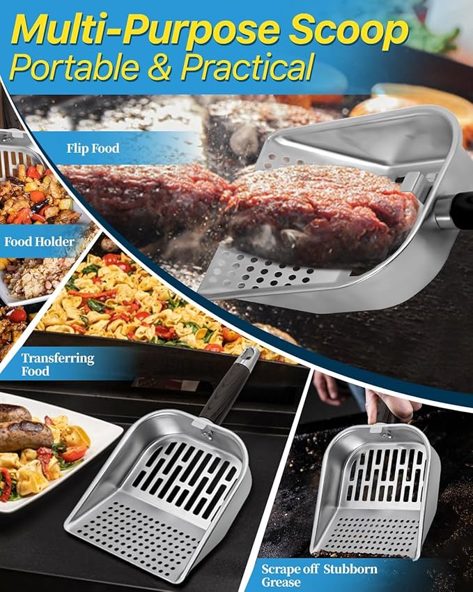Griddle Scoop for Blackstone with a Any-Edge Hook, Stainless Steel Griddle Portable Food Mover for Stir Fry and Move Food, Sifting Grill Shovel, 2 Pack
