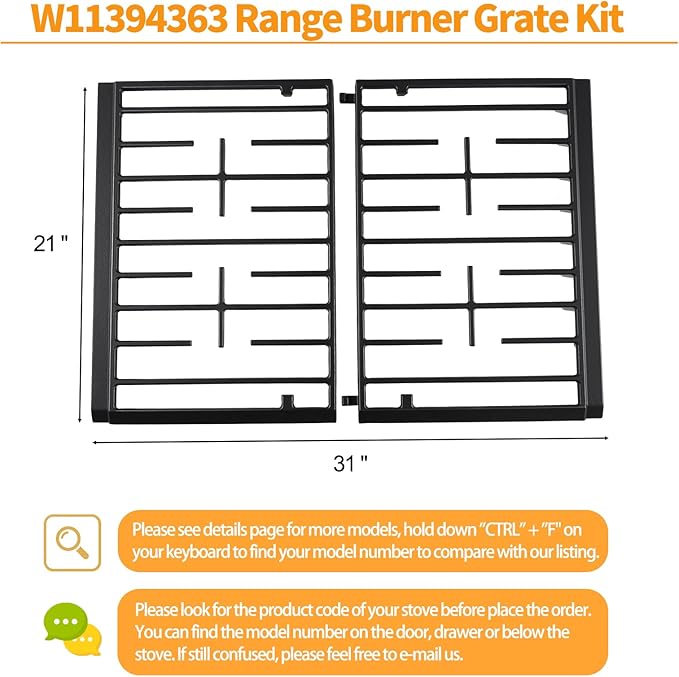 Atgestore W11394363 Burner Grate Replacement for Whirlpool Stove Parts Cast Iron Grate Kit WPW10447923 WFG524SLAB0 WFG524SLAB1 Whirlpool Gas Range Parts Stove Top Cooktop Surface Burner Grate Rack