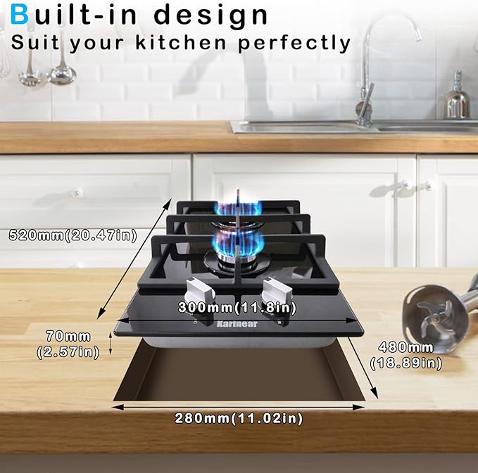 Karinear Gas Cooktop 2 Burner Propane Cooktop, 12 Inch LPG/NG Dual Fuel Gas Stove Top, Built-in Tempered Glass Gas Cooktop for Apartment, Indoor, RV
