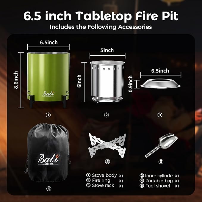 BALI OUTDOORS 6.5 inch Tabletop Fire Pit Round, Stainless Steel Table Top Firepit Small, Outdoor Smokeless Firepit Portable, Green