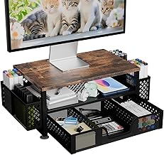 Simple Trending Desk Organizers and Accessories, Computer Monitor Stand Riser with Drawer and 2 Pen Holders, 2-Tier Computer Rack for Home Office, Wood