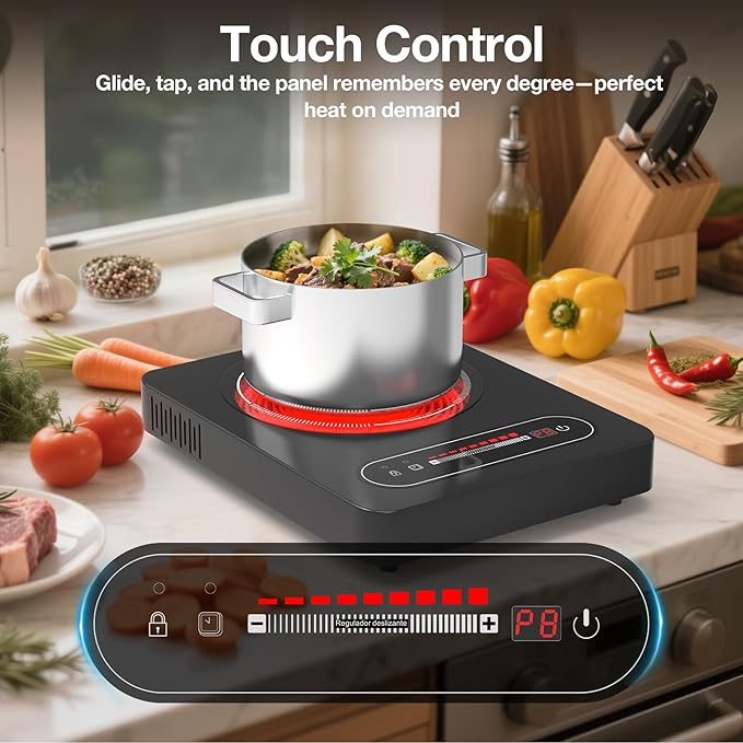 ANHANE 1800W Electric Cooktop, 11 Inch Portable Single Burner with Timer & Child Lock - 110-120V Compact Countertop Stove for Everyday Cooking in Kitchen, Dorm, RV or Office