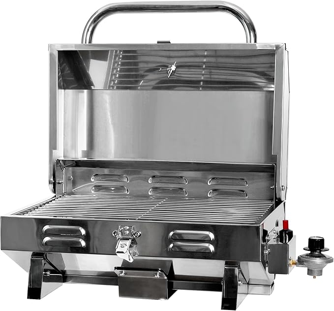 Tabletop Gas Grill Stainless Steel Portable Propane Grill with Legs for Outdoor Patio Backyard Camping, Tailgating, and RV Trips