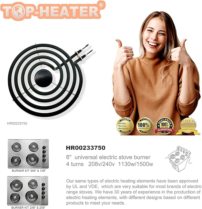 MP15YA(233750) Electric Range Burner Element Unit Set By TOP-HEATER,Fit MP22YA Electric Stove Burners For Whirlpool Norge Hardwick Kenmore Maytagg,6 Inch, 2Pack