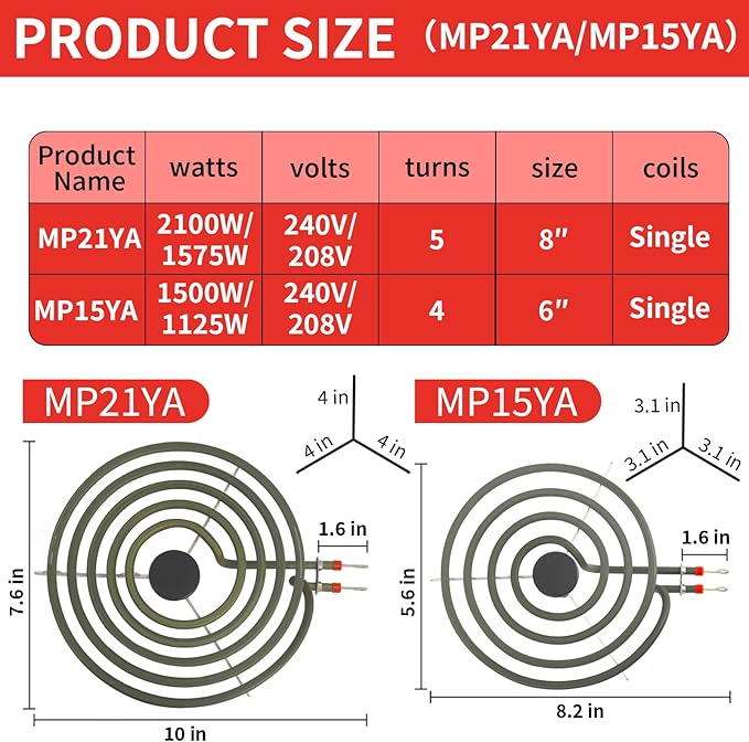 MP22YA Electric Range Burner Element Unit Set - 2 pcs MP15YA 6" & 2 pcs MP21YA 8" Stove Burners Replacement for Kenmore, Whirlpool, Maytag, Hardwick & Norge Electric Ranges/Stoves