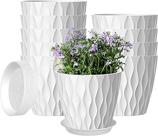 10 Pack 5 Inch Plant Pots with Drainage and Saucers, White Plastic Flower Pots for Indoor and Outdoor Plants, Stackable Nursery Planters for Houseplants and Herbs, White