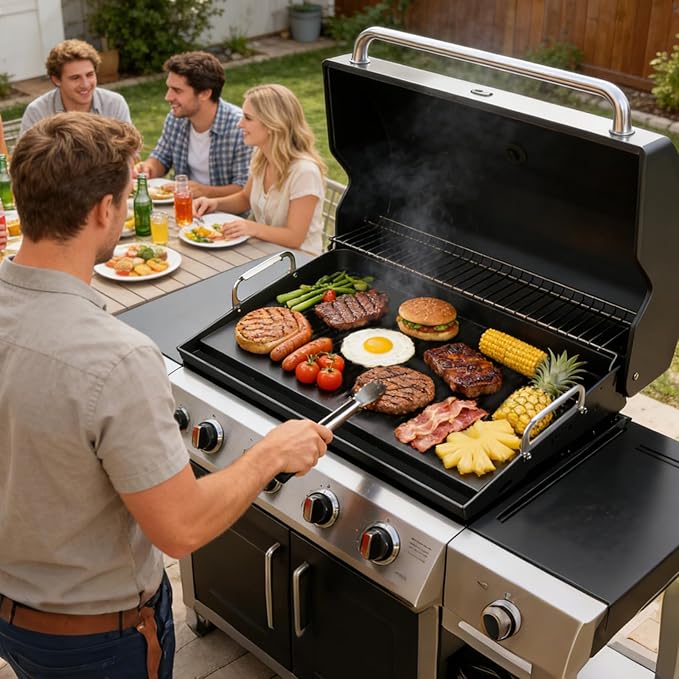 EUTRKei 23" x 16" Nonstick Griddle for Gas Grill, Heavy-Duty Cast Iron Griddle for Stove Top with Grease Groove, Reinforced Flat Top & Effortless Cleanup, for Parties, Camping &Tailgating