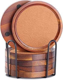 WLWNWFT Acacia Wood Coasters for Coffee Table, 6 Pcs 4.72 in Coaster for Drinks Absorbent Felt Coaster for Wooden Dining Table Decor New Home Gifts Mom's Day