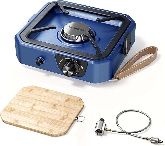 Camping Stove with Cutting Board, 304 Stainless Steel Portable Propane Camp Stove, Adjustable Burner with Piezo Ignition, Portable Gas Stove for Camping, BBQ