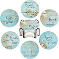 HUXJOKO Coasters for Drinks Set of 6,Seashells Starfish on Blue Wooden Absorbent Ceramic Coaster,Round Stone Mat,with Cork Base and Metal Holder for Coffee Table Room Bar Home Decor Housewarming Gifts