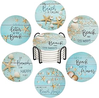 HUXJOKO Coasters for Drinks Set of 6,Seashells Starfish on Blue Wooden Absorbent Ceramic Coaster,Round Stone Mat,with Cork Base and Metal Holder for Coffee Table Room Bar Home Decor Housewarming Gifts