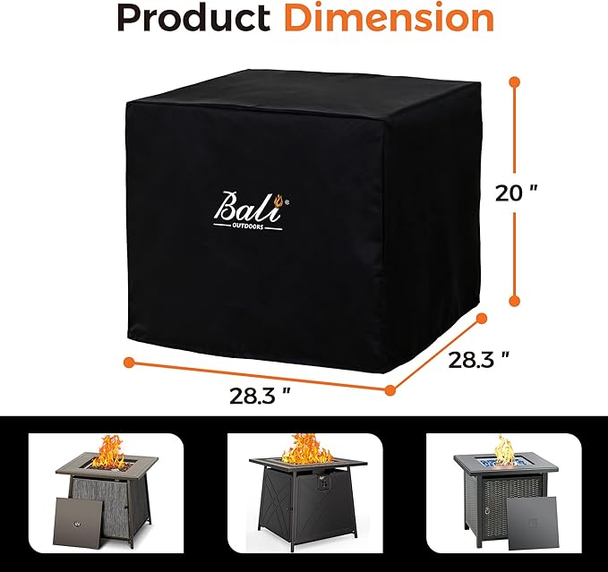 BALI OUTDOORS Square Durable Fire Pit Cover, 600D Heavy Duty with PVC Coating, 28.3'' x 28.3'' x 25'', Black
