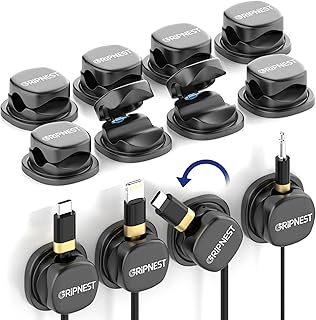 Never-Lose 1s Lock Spring Cable Solution – Rotatable Cable Clips, Strong Adhesive Cord Organizer & Wire Holder for Desk, Car, Wall & Nightstand, Tangle-Free Cable Management, 12 Pack (Black)