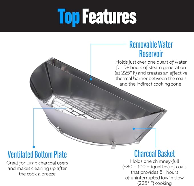 Slow 'N Sear® Deluxe Charcoal Basket Insert for 22" Weber Kettle Grills – Patented Stainless Steel Two-Zone Cooking Accessory with Removable Water Reservoir for Low & Slow Smoking and Searing