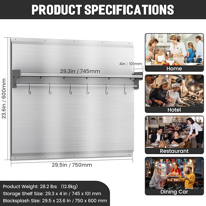 30"x24" Stainless Steel Backsplash for Stove & Hood, Stove Backsplash with Storage Shelf & Hanging Rack, Easy-Clean Kitchen Wall Splash Guard & Protector