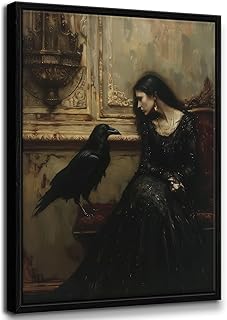 Framed Vintage Gothic Woman and Raven Wall Art Dark Academia Painting Wall Decor Moody Victorian Woman Prints Dark Victorian Goth Pictures Gothic Raven Artwork for Lving Room Bedroom 16x24 Inch