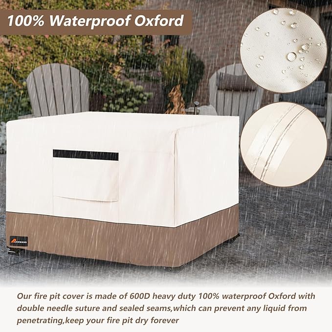 Fire Pit Cover Square, Outdoor Heavy Duty Durable 600D 100% Waterproof Tear-Resistant 30-32 Inch Fire Pit Cover, Patio Fire Pit Table Covers, Beige 32" L x 32" W x 24" H
