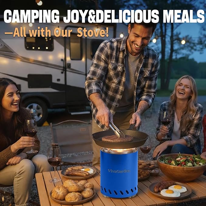 Smokeless Tabletop Fire Pit, VivaGarden Portable Outdoor Fire Pit for Camping, Patio, Backyard, Wood and Pellets Burning Camping Stove with Carry Bag, Forks, Mat and Pot Stand (9.7x7.1 Inch, Blue)
