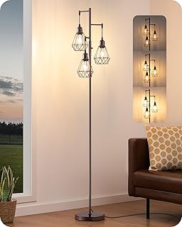 EDISHINE 70IN Industrial Floor Lamps for Living Room, Dimmable Farmhouse Corner Reading Lamp, Diamond-Shaped Lampshade, 3 LED Edison Bulbs Included, Rustic Tree Standing Lamp for Bedroom, Brown
