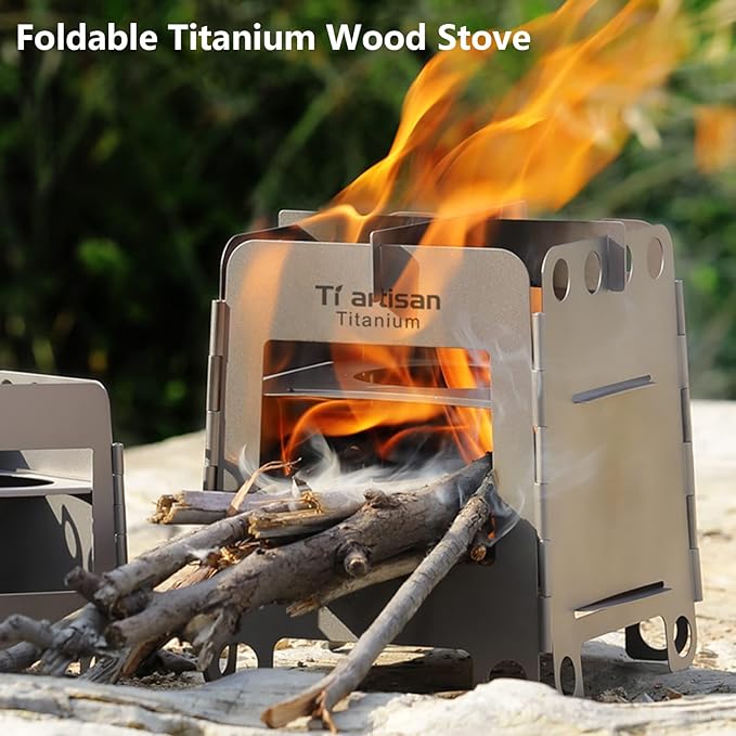 Titanium Wood Stove with Stand, Foldable Portable Alcohol Stove Titanium Wood Burning Stove Camping Backpacking Stove for Outdoor Camping Picnic BBQ (WS007T(Large))